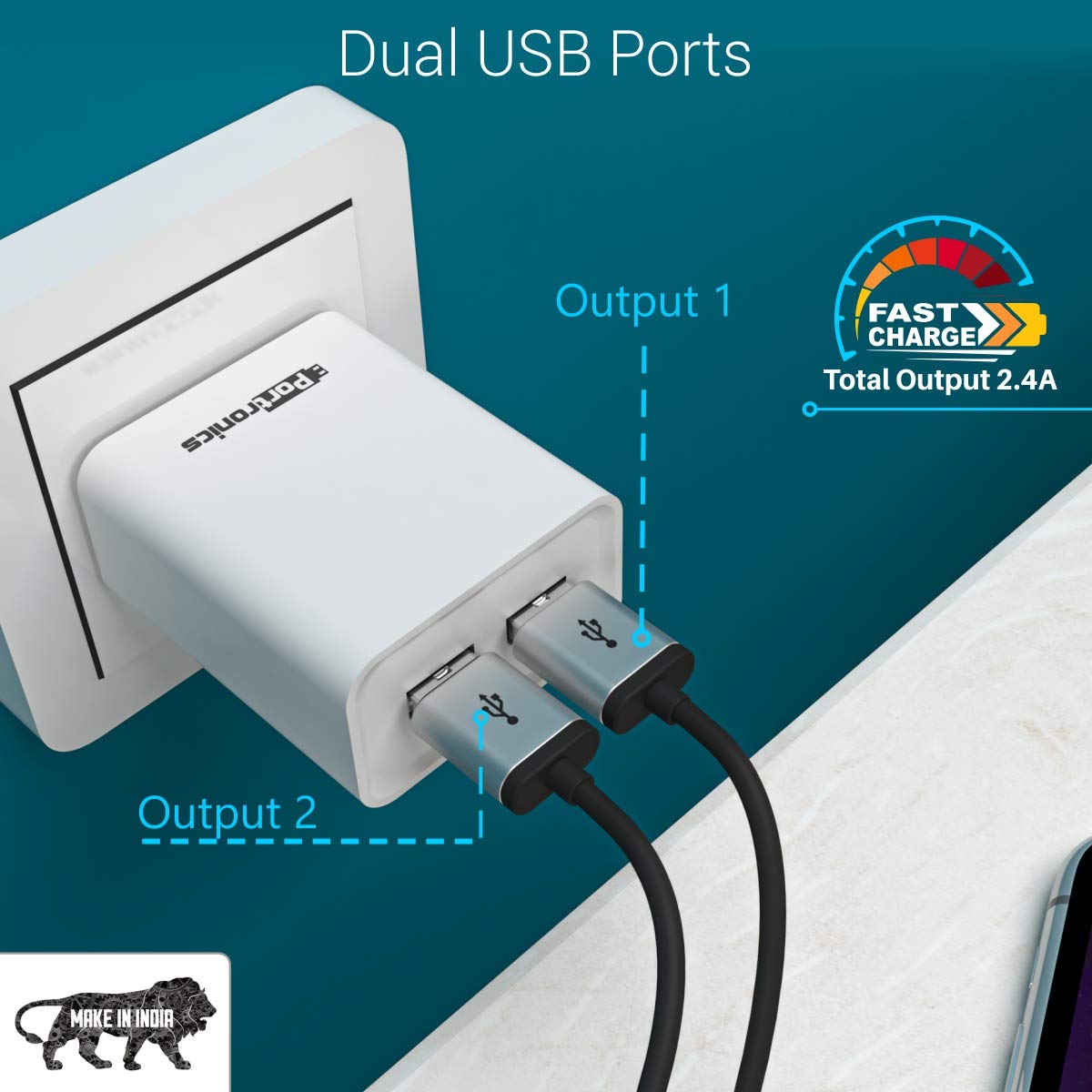 Portronics Adapto 66 Micro USB Charger – 2.4A Dual USB Ports, Micro USB Cable Included