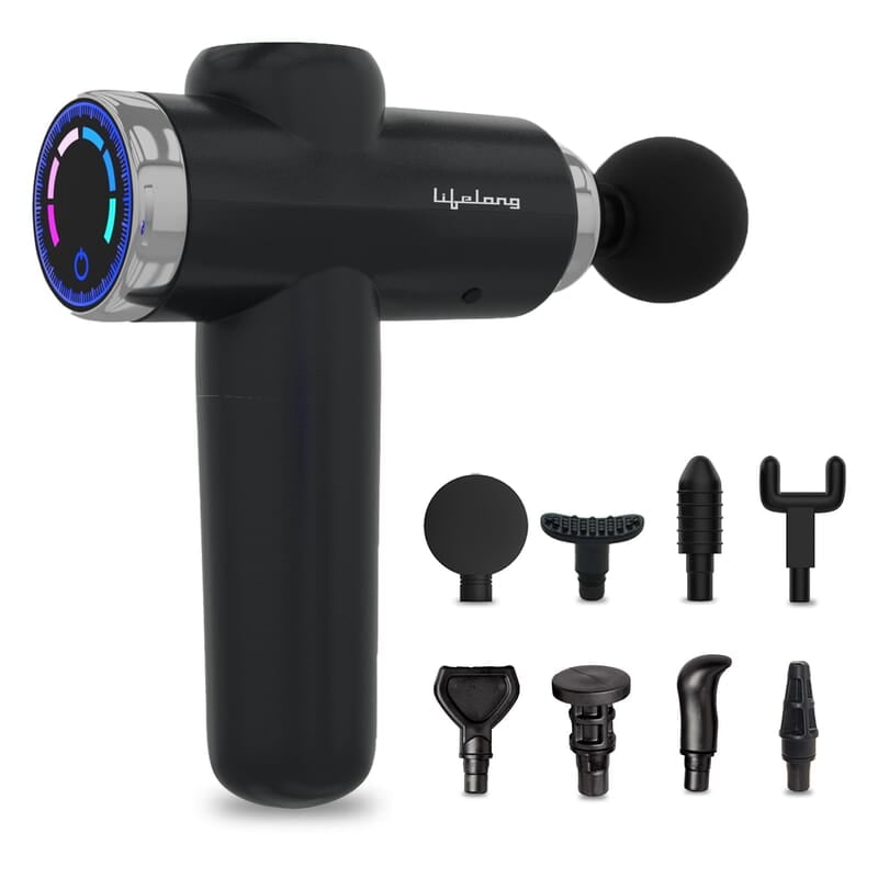 Lifelong Gun Massager for Pain Relief with 8 Massage Heads & LCD Touch Display - Battery Powered - Deep Tissue Massage with 6 Speed