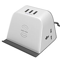 Lapcare RUFUEL LWC‑321: 3 universal AC sockets, 3 USB ports (4.8 A), built-in 10 W wireless charging pad, spike protection & mobile stand.