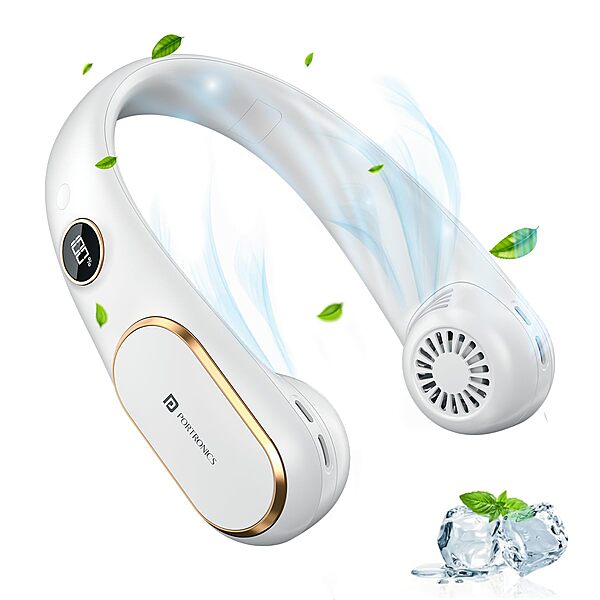 Portronics Gobreeze – Portable Neck Fan White is a lightweight, hands-free fan with adjustable speeds, perfect for outdoor comfort.