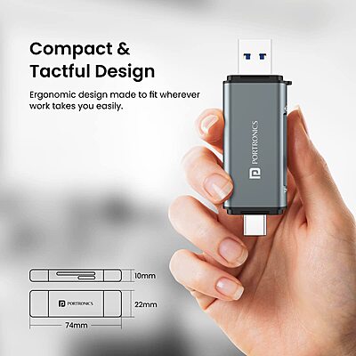 Portronics Mport 30 Card Reader – USB Type C & A Hub Adapter | SD & Micro SD Support | Grey