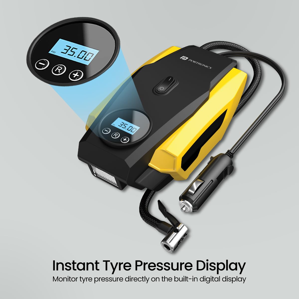 Portronics VAYU Lite Tyre Inflator – Portable | Car Charger Socket | Black-Yellow