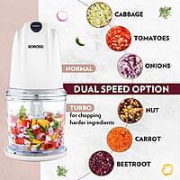 Borosil Chef Delite 260W Electric Chopper For Kitchen Use, White Chopper, Kitchen Accessories Items, Turbo Speed Option, Stainless Steel Blades, Whisking Blade for Cream, Chaas, Lassi
