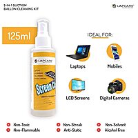 Lapcare Clean screens safely with Lapcare’s 5-in-1 kit. Includes suction balloon, brush, microfiber cloth, and anti-static solution for laptops, TVs, and mobiles.