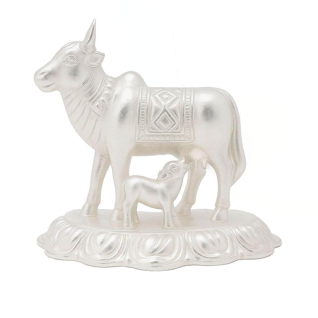 Silver Cow and Calf Idol | Komatha Statue for Pooja & Gifting