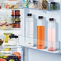 Borosil Crysto Slim Glass Water Bottle, Water Bottle for Fridge, Borosilicate Glass, Extreme Temperature Resistant, For Hot & Cold Water, Milk, Lassi, Juice, Black Lid, 550 ml, Stylish & Transparent