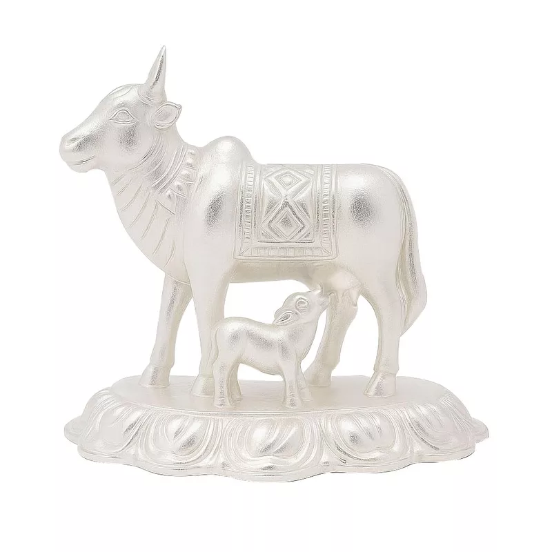 Silver Cow and Calf Idol | Komatha Statue for Pooja & Gifting