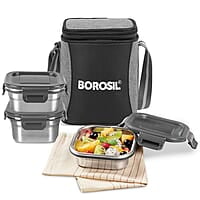 Borosil Feast Stainless Steel Lunch Box with Bag | Set of 3 (520 ml x 1 + 400 ml x 1 + 250 ml x 1), Square