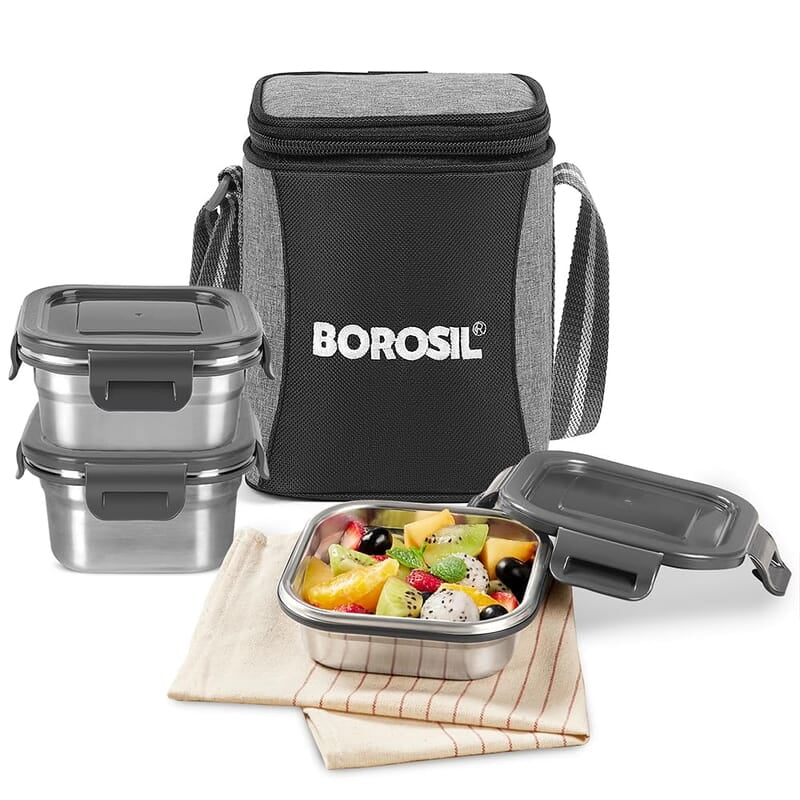 Borosil Feast Stainless Steel Lunch Box with Bag | Set of 3 (520 ml x 1 + 400 ml x 1 + 250 ml x 1), Square