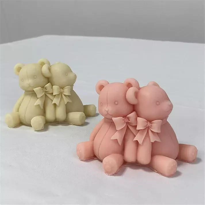 Silicon Mold Candle Valentine Couple Teddy Bear With Ribbon