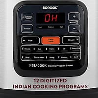 Borosil Instacook 6 L Electric Stainless Steel Pressure Cooker | 12 Digitized Indian Cooking Programs | 15 Hour Delay Timer | One Touch Instat Cooking | Idli Maker, Rice Cooker | 2 Year Warranty