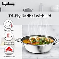 Lifelong LLTPDK004 Triply Deep Kadai with Riveted Handles with Stainless Steel Lid 2.1 litres Capacity 22 cm