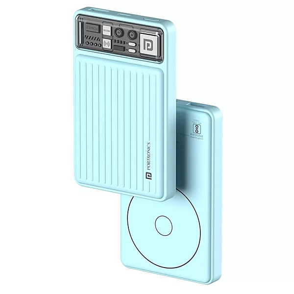 Portronics Mini 10K – Light Blue 15W Magnetic Power Bank offers a sleek design with 10,000mAh capacity, fast charging, and magnetic attachment for convenience. Perfect for on-the-go charging!