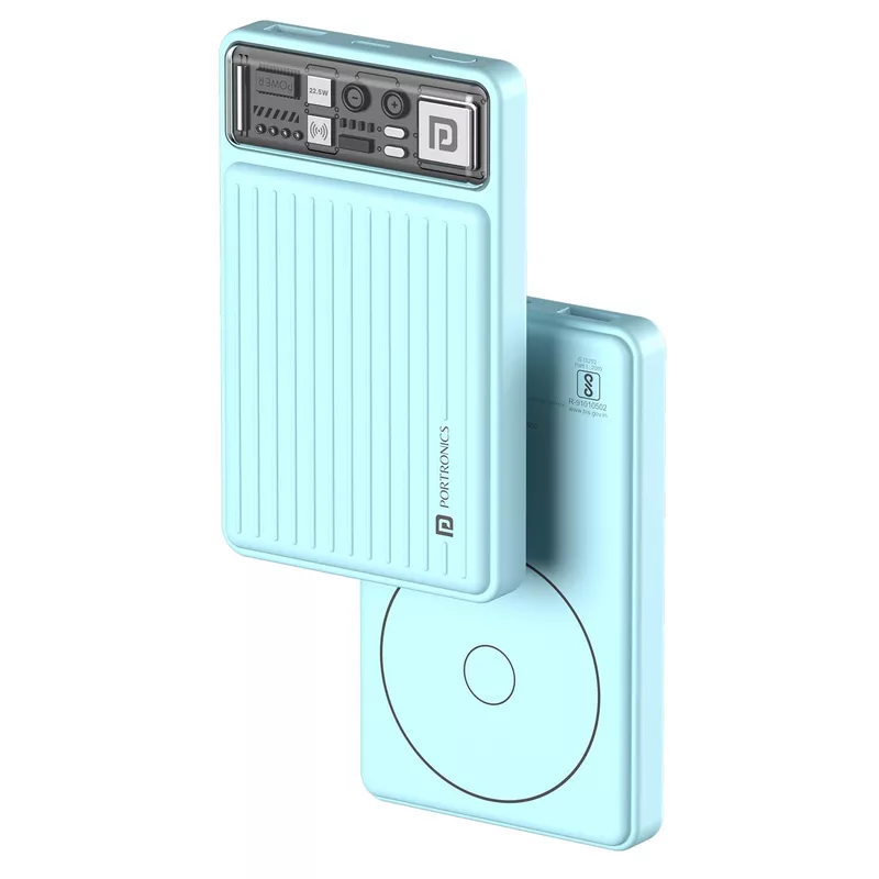 Portronics Mini 10K – Light Blue 15W Magnetic Power Bank offers a sleek design with 10,000mAh capacity, fast charging, and magnetic attachment for convenience. Perfect for on-the-go charging!
