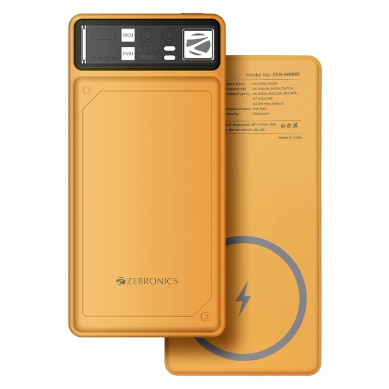ZEBRONICS MW61 Wireless Power Bank, 10000 mAh, Rapid Charge, Built-in Wireless Charging Pad, Outputs - 22.5W Wired | 15W Wireless, Type C PD 3.0, LED Indicator
