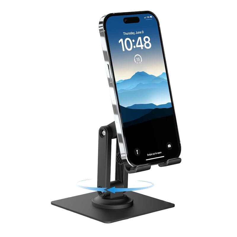 Ambrane 360° Rotation, Foldable Design Mobile Stand with Stable Metalic Round Base, Multiple Height & Angle adjustments Compatible with Smartphones, Tablets, Kindles & iPad Twistand 360