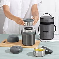 Borosil Hot-N-Fresh Prime Stainless Steel Insulated Lunch Box, Keeps food warm upto 8 Hours, Set of 2 (420 ml + 420 ml), Grey