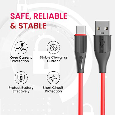 Portronics 2109 Silklink Lightning Cable – 3A USB-A to Lightning | Soft Silicon Cable | 1M | Red