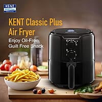 KENT Classic Plus Air Fryer | 1300W Power & 4.2L Capacity | Vapour Steam for Crisp Frying, Grill, Roast, Steam & Bake | Auto Cut-Off | 80% Less Oil | High Temperature & Uniform Heating | Black