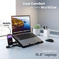 Lapcare ChillMate DCX‑A101 is a lightweight (300g) laptop cooling stand with dual 125mm ultra-quiet fans (1000 RPM), USB-powered, fits laptops up to 15.6".