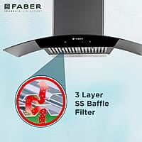 Faber 90 cm 1320 m³/hr Curved Glass Kitchen Chimney 3 Layer Baffle Filter Gravity Suction