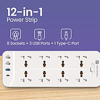 Portronics Power Plate 23 Extension Board – 8 Sockets, USB & 20W Type-C PD, White