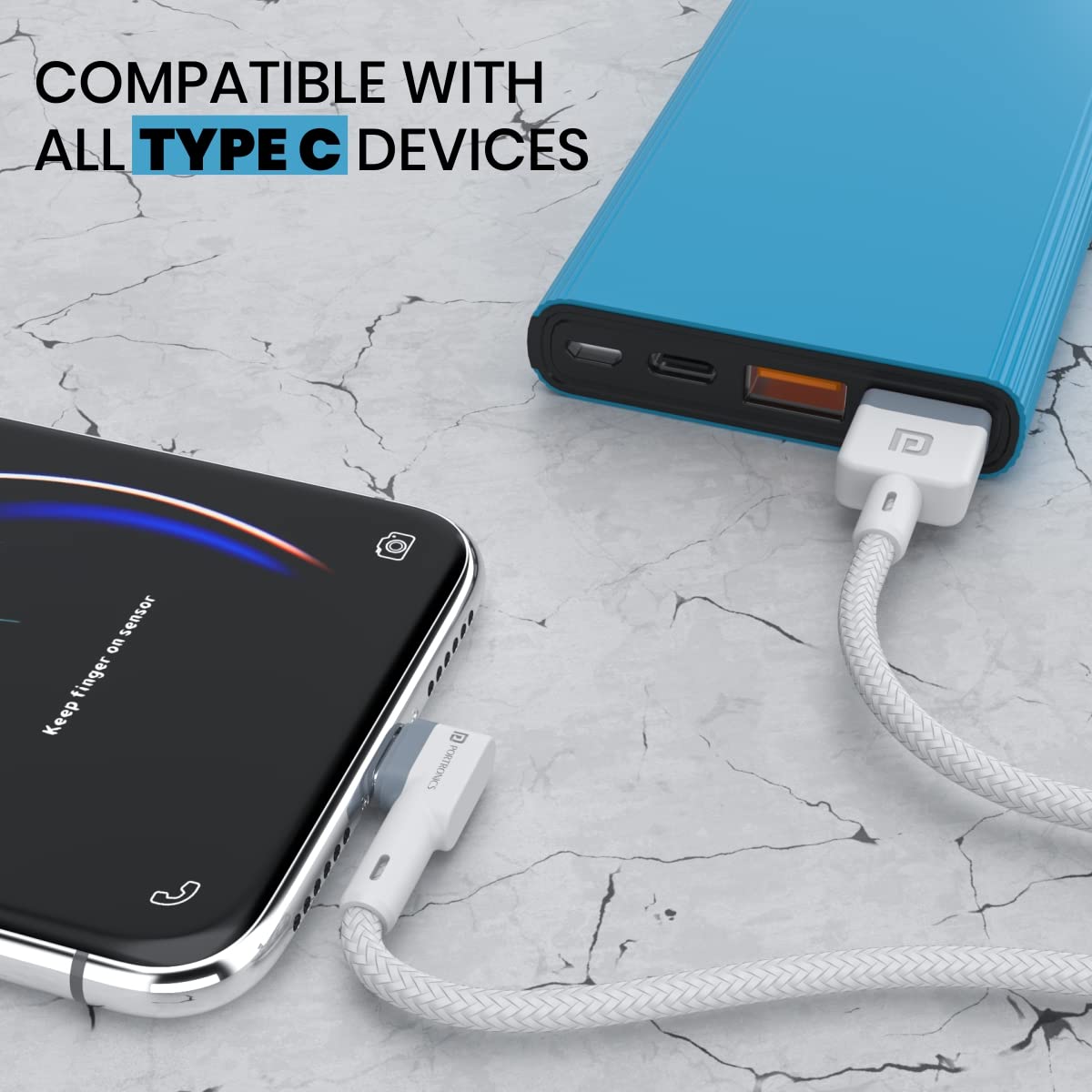 Portronics Konnect L Fast Charging 3A Type-C Cable 1.2Meter with Charge & Sync Function for All Type-C Devices