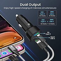 Portronics 30W Dual Output Car Charger Type-C PD & USB Fast Charging with LED Indicator Black