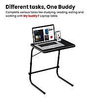 Portronics Buddy F is a versatile movable laptop table in sleek black. Perfect for working from home, it offers adjustable height and angle, ensuring comfort and convenience for all your tasks.