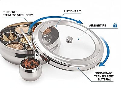 Garnny Kitchen Stainless Steel Belly Masala Dabba with 7 Belly Shape Spice Containers,