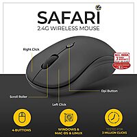 Lapcare Safari‑006 (LWM‑006): dual Bluetooth 5.0 & 2.4 GHz wireless, ergonomic design, 1600 DPI sensor, plug‑and‑play, 1‑yr warranty.