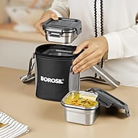 Borosil Feast Stainless Steel Lunch Box with Bag | Set of 3 (520 ml x 1 + 400 ml x 1 + 250 ml x 1), Square