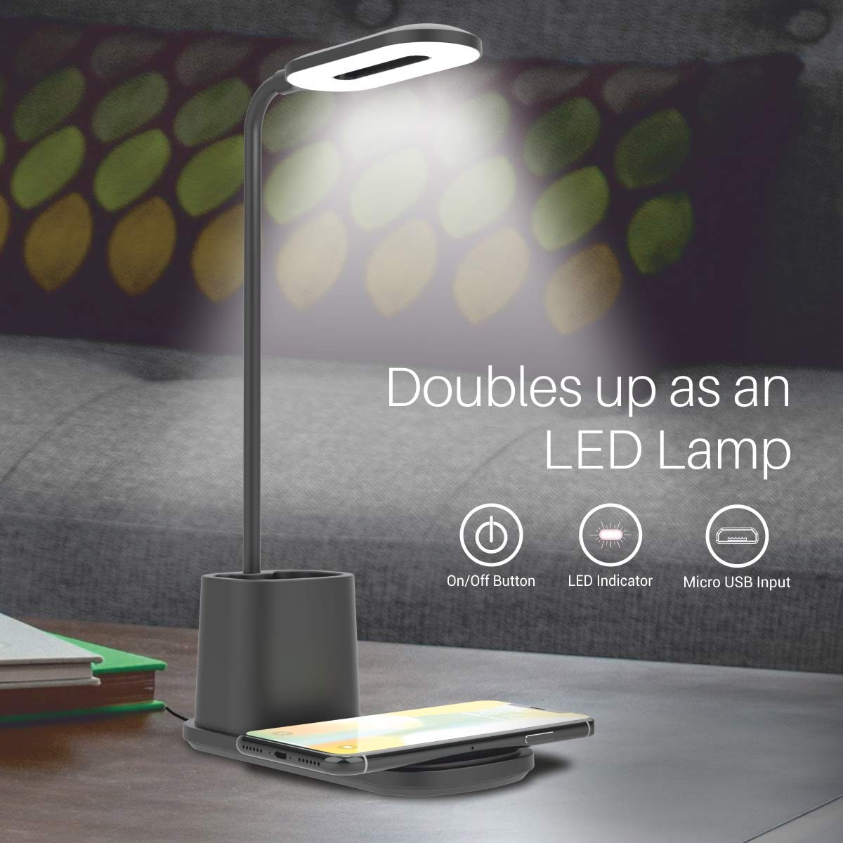 Portronics Brillo II – A stylish lamp with wireless charging, adjustable brightness, ideal for bedside or workspace, blending design and functionality.