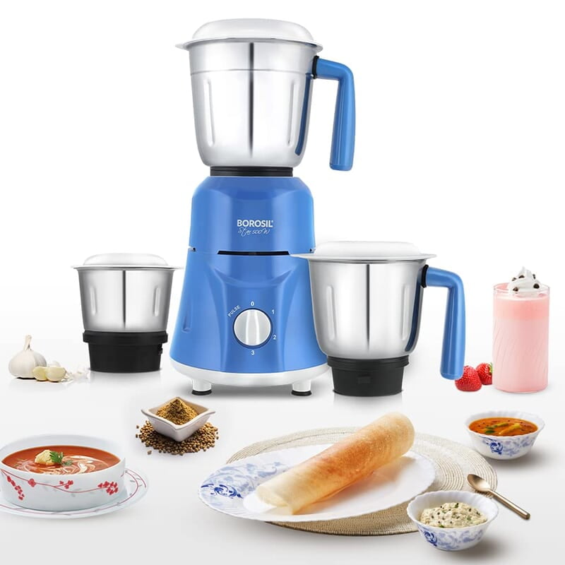 Borosil Star Mixer Grinder, For Wet/Dry Mixing & Grinding, 500 Watts, 3 Jars (400 ml Chutney Jar, 1.2 L Multipurpose Jar, 0.8 L Dry/Wet Grinding Jar), Mixie For Kitchen, Blue