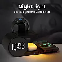 Portronics Freedom 6 – A versatile 6-in-1 wireless charger featuring an integrated alarm clock, perfect for charging multiple devices simultaneously while keeping you on schedule. Sleek and efficient!