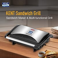 KENT 16025 Sandwich Grill 700W | Non-Toxic Ceramic Coating | Automatic Temperature Cut-off with LED Indicator | Adjustable Height Control, Metallic Silver, Standard
