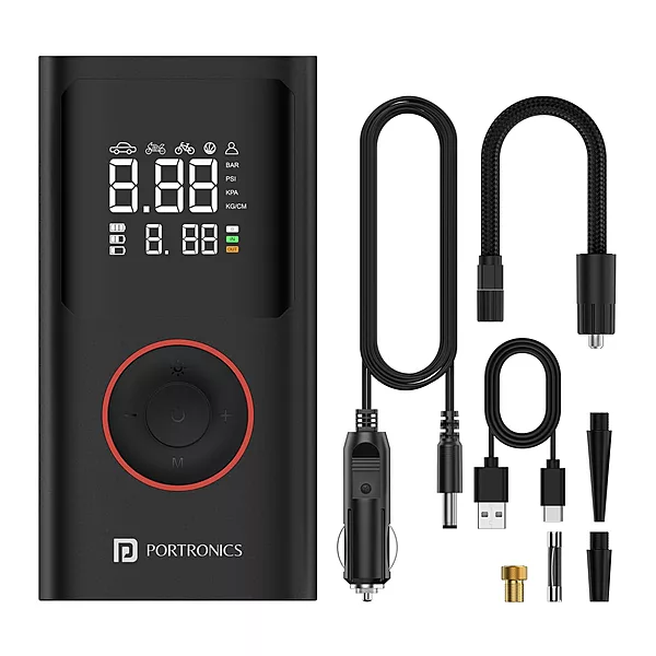 Portronics VAYU Tyre Inflator – 4000mAh Portable | Torch | Rechargeable  | Black | 1 Year Warranty
