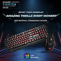 Lapcare LGC‑222 Fighter Champ combo: LED membrane keyboard (50 M keystrokes) + ergonomic 7-button mouse (up to 3600 DPI, 603EP sensor, braided cable).