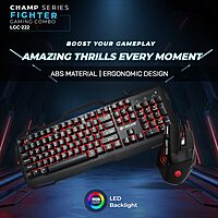 Lapcare LGC‑222 Fighter Champ combo: LED membrane keyboard (50 M keystrokes) + ergonomic 7-button mouse (up to 3600 DPI, 603EP sensor, braided cable).