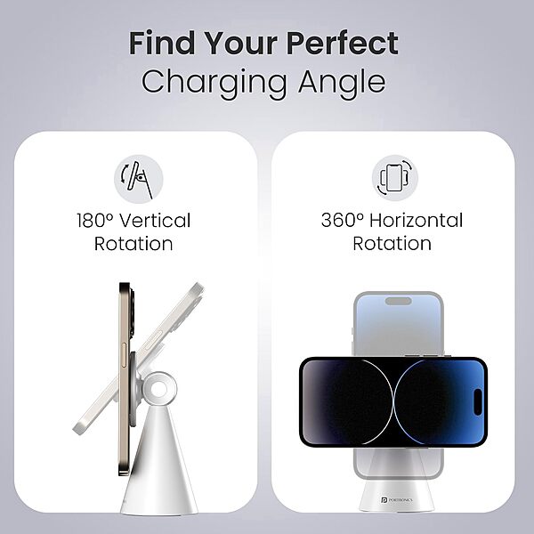 Portronics Mogun 5 – MagSafe Desk Phone Holder, White. Stylish and functional, it securely holds your phone while charging. Perfect for home or office use, keeping your workspace organized and tidy.