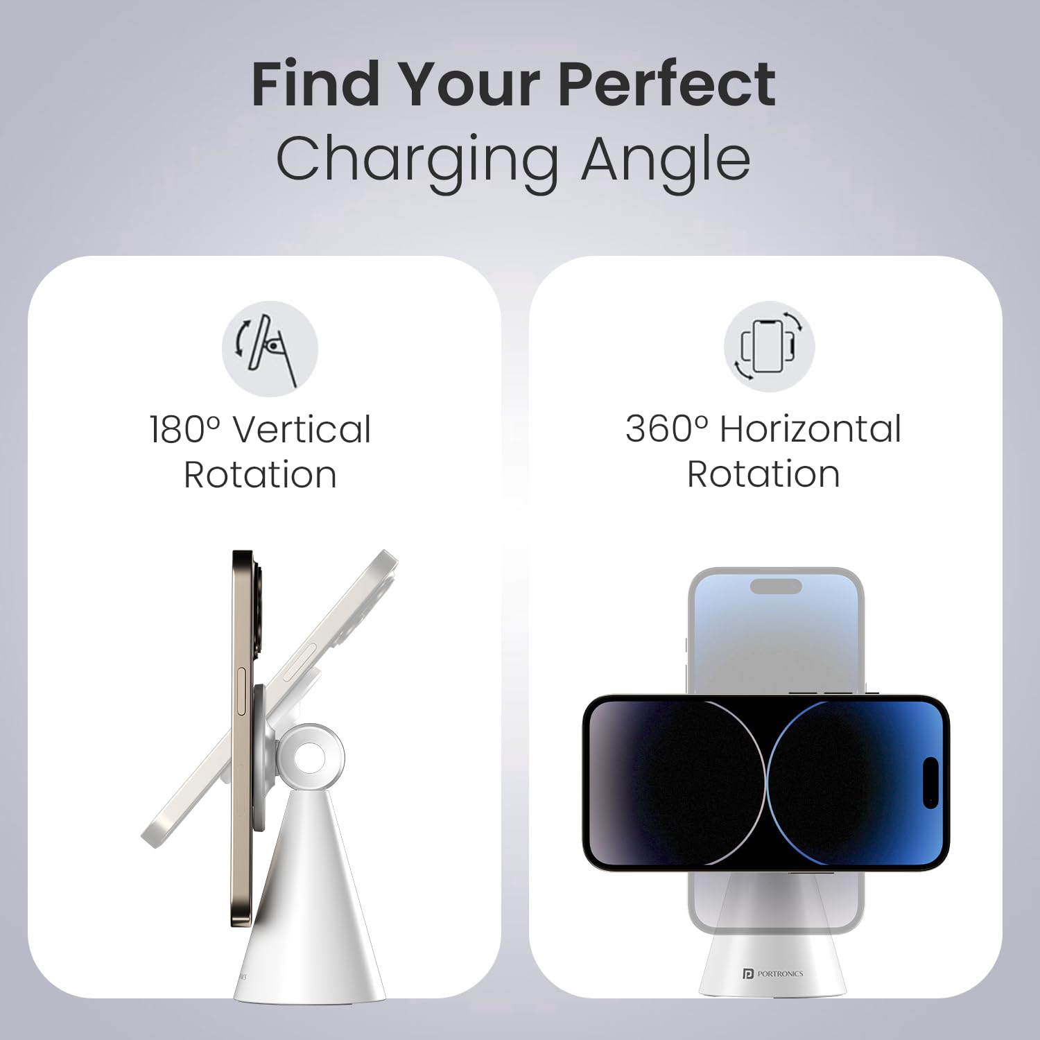 Portronics Mogun 5 – MagSafe Desk Phone Holder, White. Stylish and functional, it securely holds your phone while charging. Perfect for home or office use, keeping your workspace organized and tidy.