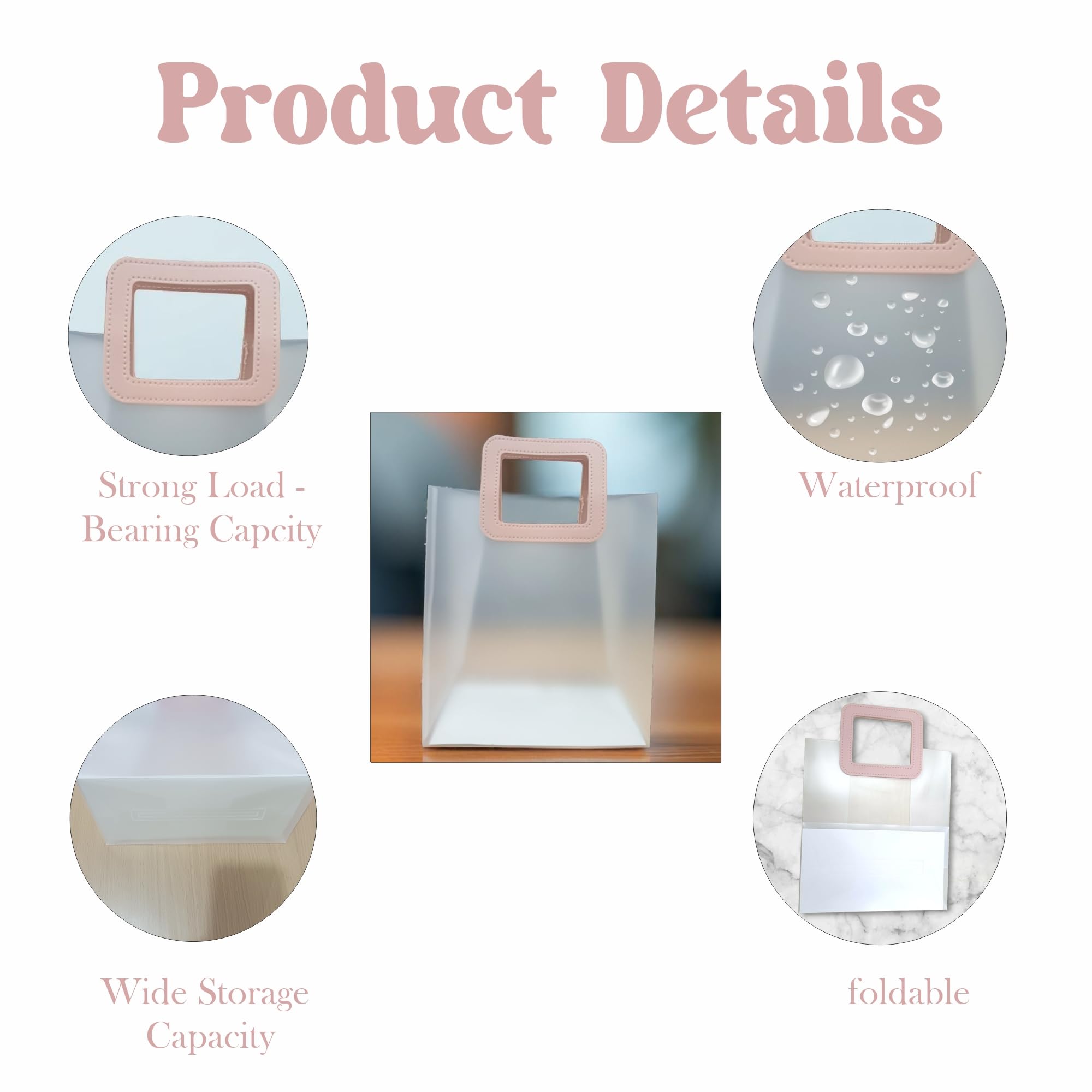 Set of 6 Peach Transparent Medium PVC Gift Bags with Square Handle | Waterproof Transparent Tote Bags for Weddings, Birthdays, Shopping, Party Favors