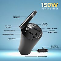 Lapcare 150W In-Car Inverter (12 V DC to 220 V AC, Dual USB Fast-Charging 2.4 A, Safety Shutdown, Cooling Fan Included, 1 Year Warranty)