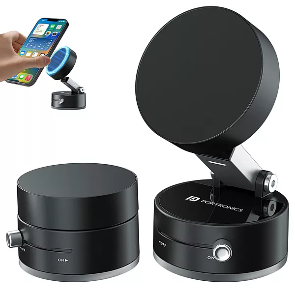 Portronics Hold X is a magnetic suction phone mount designed for easy attachment and stability. It securely holds your phone while driving, ensuring hands-free convenience and safety.