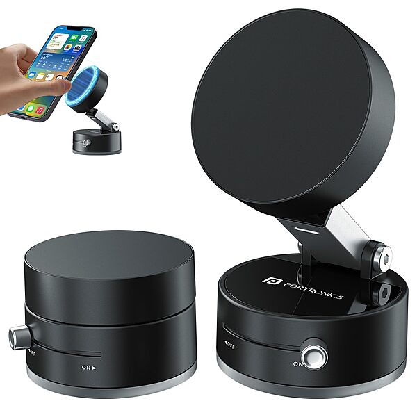 Portronics Hold X is a magnetic suction phone mount designed for easy attachment and stability. It securely holds your phone while driving, ensuring hands-free convenience and safety.