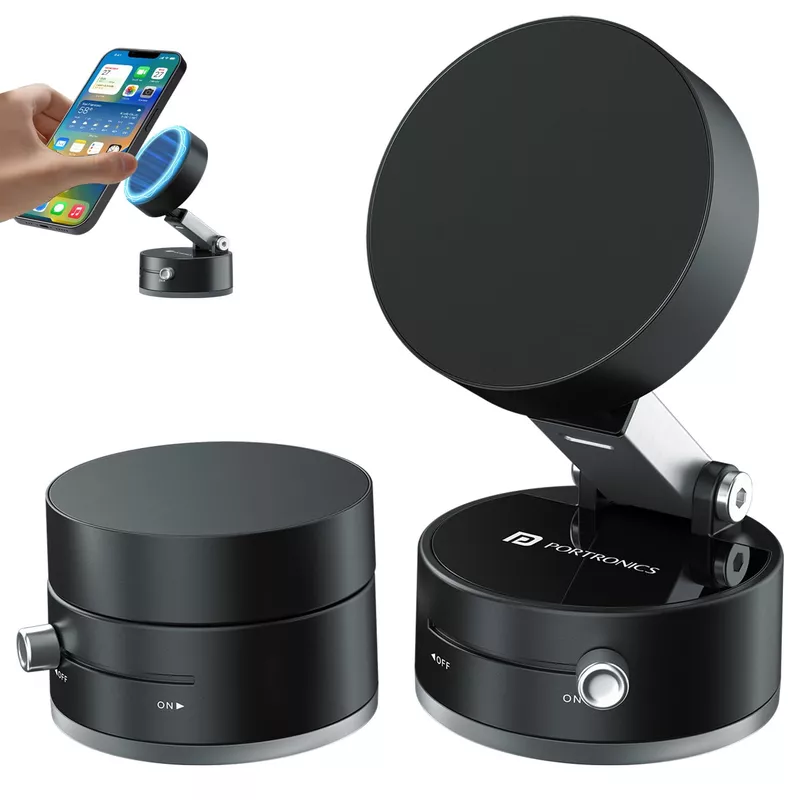 Portronics Hold X is a magnetic suction phone mount designed for easy attachment and stability. It securely holds your phone while driving, ensuring hands-free convenience and safety.