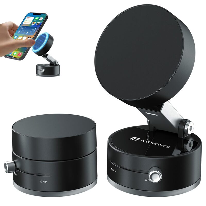 Portronics Hold X is a magnetic suction phone mount designed for easy attachment and stability. It securely holds your phone while driving, ensuring hands-free convenience and safety.