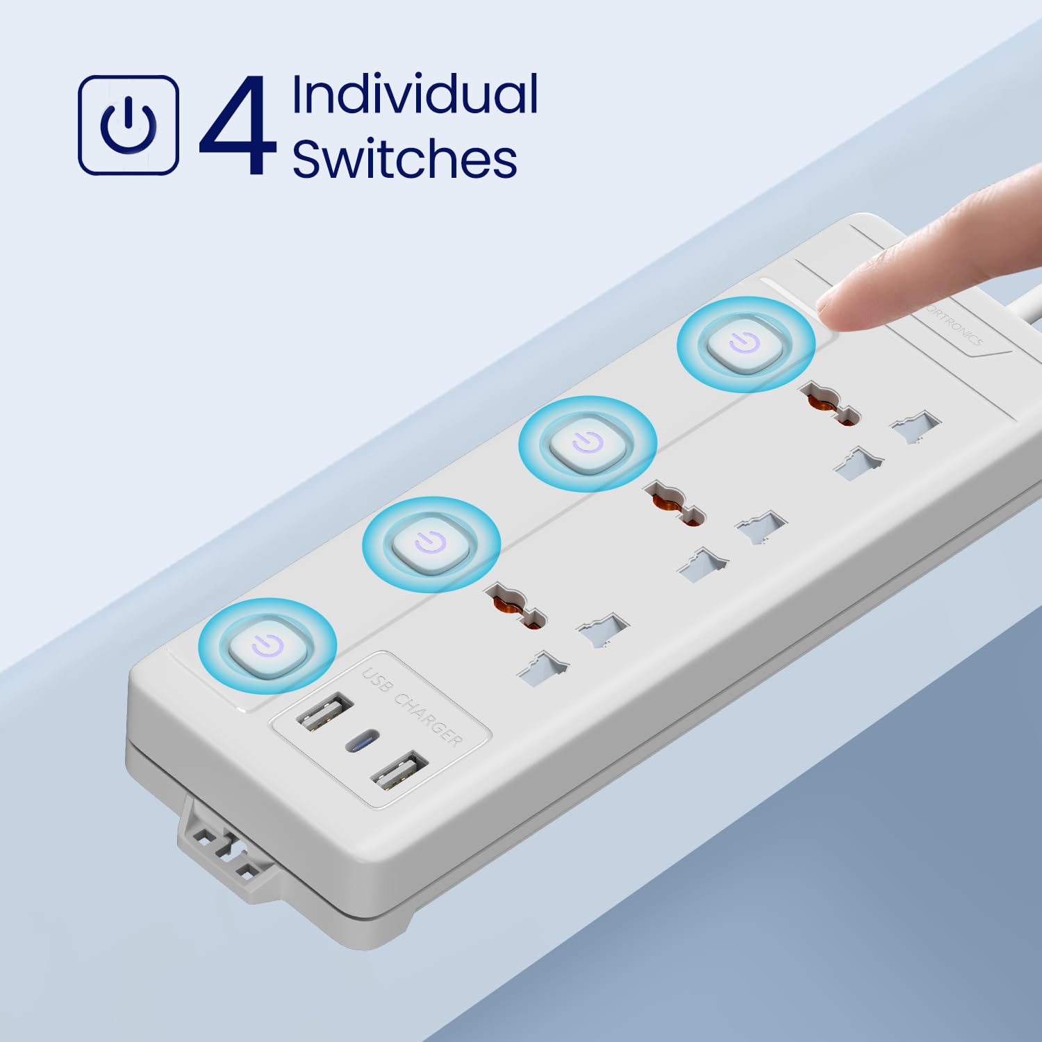 Portronics Power Plate 18 – Features 3 AC sockets, USB-A and USB-C ports, delivering up to 1500W. Ideal for charging multiple devices simultaneously, compact design for home or office use.