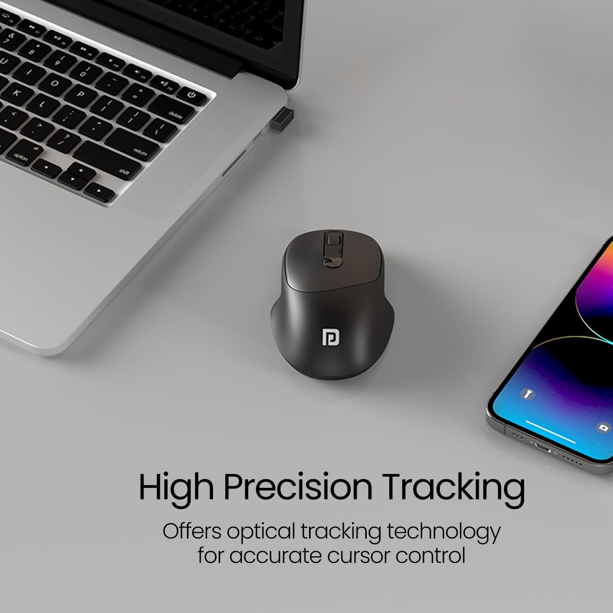 Portronics Toad 35: Sleek Black Wireless Mouse featuring USB connectivity and adjustable DPI settings for precision control. Perfect for home or office use, ensuring smooth navigation and comfort.