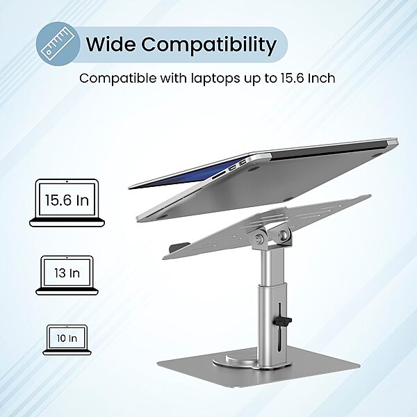 Portronics Twister – 360° Adjustable Metal Laptop Stand, supports up to 10kg, ergonomic design for comfort, lightweight and portable, perfect for home or office use, enhances airflow and cooling.